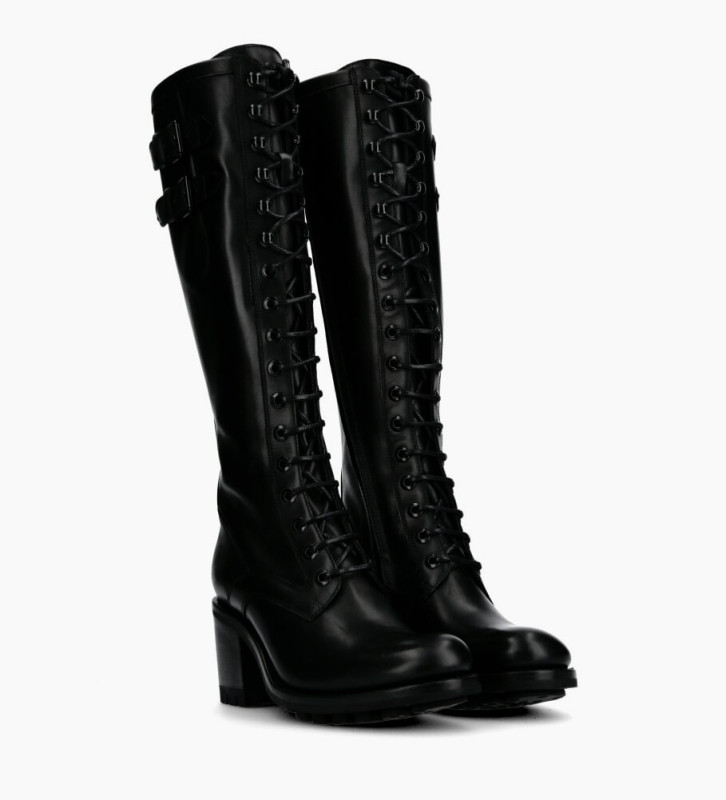 Lace up Biker high boot with buckle - Justy 7 - Smooth leather - Black